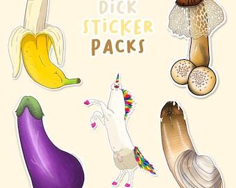 Penis Sticker 5 Pack- Eggplant, Mushroom, Dickacorn, Banana & Geodick - Waterproof/UV Resistant Vinyl