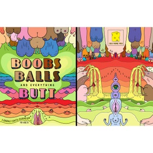 May include: A colorful adult coloring book with the title "BOOBS BALLS AND EVERYTHING BUTT". The cover features a variety of colorful illustrations of body parts.