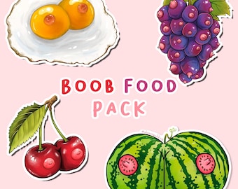 Boobie Sticker 4 Pack - The Boob Food Series: Cherry, Grape, Egg, & Watermelon - Waterproof/UV Resistant Vinyl
