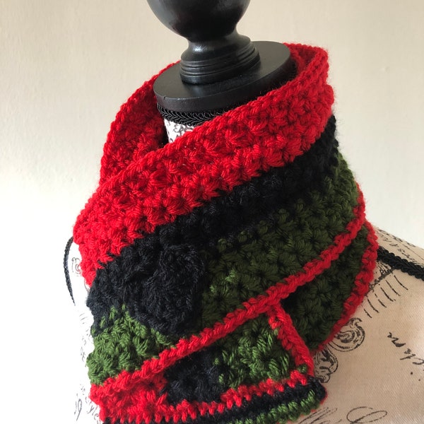 Women crochet scarf, striped infinity cowl, black red and green scarf, ladies knit scarf, handmade womens accessory