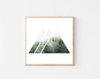 foggy mountain forest, forest wall art print, abstract nature art print, geometric triangle print, minimalist art nature, forest art poster