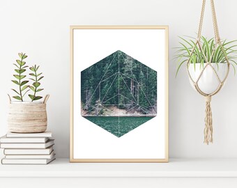 forest nature art, nature wall art, hexagon wall art, minimalist decor, lake wall art, geometric nature art, forest wall art, minimalist art