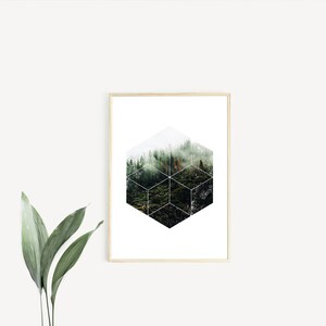 May include: A framed art print with a geometric forest design. The artwork presents a hexagonal pattern over a photograph of a green, misty forest. The frame is light wood, and the print is displayed on a white wall. The overall aesthetic is modern and natural.