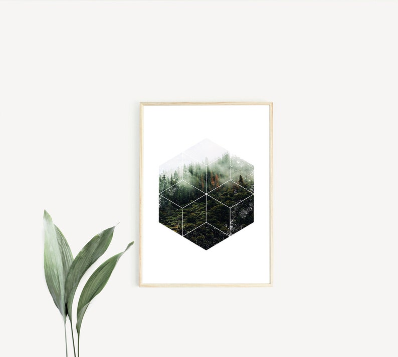May include: A framed art print with a geometric forest design. The artwork presents a hexagonal pattern over a photograph of a green, misty forest. The frame is light wood, and the print is displayed on a white wall. The overall aesthetic is modern and natural.