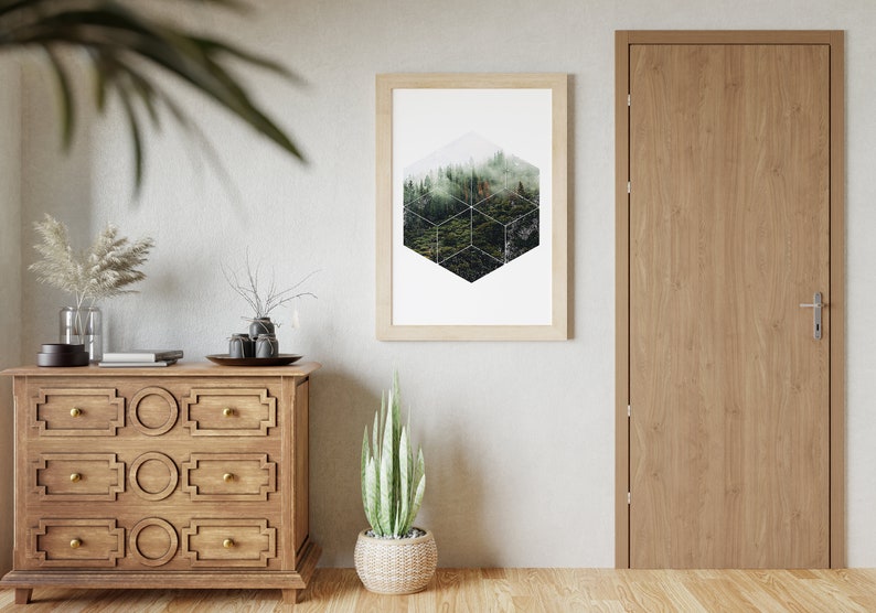 May include: A framed print with a geometric forest design hangs on a light grey wall. A wooden chest of drawers and a potted snake plant are in the foreground. A wooden door is on the right.