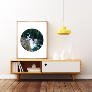 waterfall print, circle wall art, mount shasta print, minimalist decor, geometric wall art, landscape wall art, modern wall art