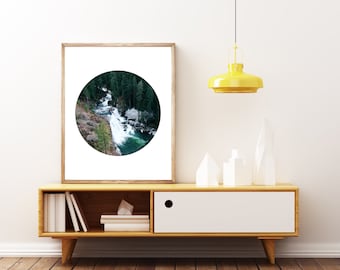 waterfall print, circle wall art, mount shasta print, minimalist decor, geometric wall art, landscape wall art, modern wall art