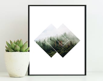 foggy mountain forest, forest wall art print, abstract nature art print, geometric print green, minimalist art nature, forest art poster