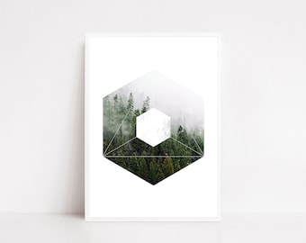 foggy forest, mountain wall art, landscape print, hexagon wall art, minimalist wall art, nature inspired wall decor