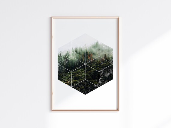 foggy forest print, minimalist wall art, mountain wall art, landscape print, hexagon decor, scandinavian art, geometric wall art