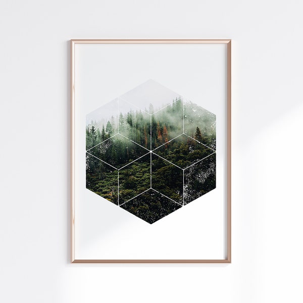 foggy forest print, minimalist wall art, mountain wall art, landscape print, hexagon decor, scandinavian art, geometric wall art