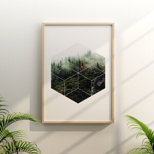May include: A framed art print with a geometric forest design. The artwork depicts a forest landscape within a cube-like structure, set in a light wood frame. The print is displayed on a white wall, with green plants in the foreground.