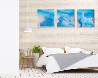 Set fotoprints van IJslandse gletsjers: Abstract trio van blauwe ijsbergen