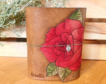 Rose Leather Journal, sketchbook, notebook,  customizable, Refillable, travel, 4x6, FJ1