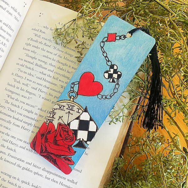 Bookmark, Alice inspired, Rose bookmark, Clock bookmark, heart bookmark, laser engraved bookmark, wood bookmark, hand painted bookmark