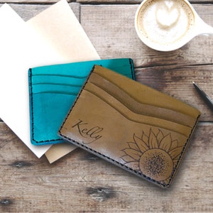Cartera de cuero, Cartera de girasol, Tarjetero, Cartera personalizada, Cartera personalizada, Cartera de bolsillo, Hecha a mano, Cosida a mano, CW1