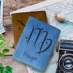 Porta pasaporte del zodíaco, cuero, billetera para pasaporte, cosida a mano, Virgo, Escorpio, Aries, Tauro, Capricornio, Sagitario, Cáncer, Acuario, PW1