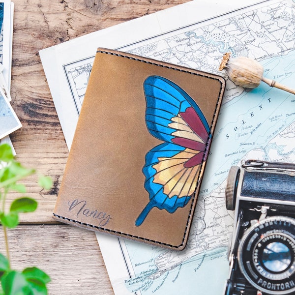 Butterfly Passport Holder, Leather, Customizable, Passport Wallet, Hand stitched, PW1