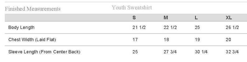 Op de afbeelding: Maattabel voor een jeugd sweatshirt met metingen in inches voor lichaamslengte, borstbreedte en mouwlengte. De maten omvatten S, M, L en XL.