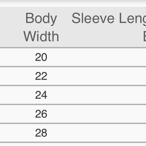 May include: Size chart showing body length, body width, and sleeve length (from center back) in inches for sizes S, M, L, XL, and 2XL.