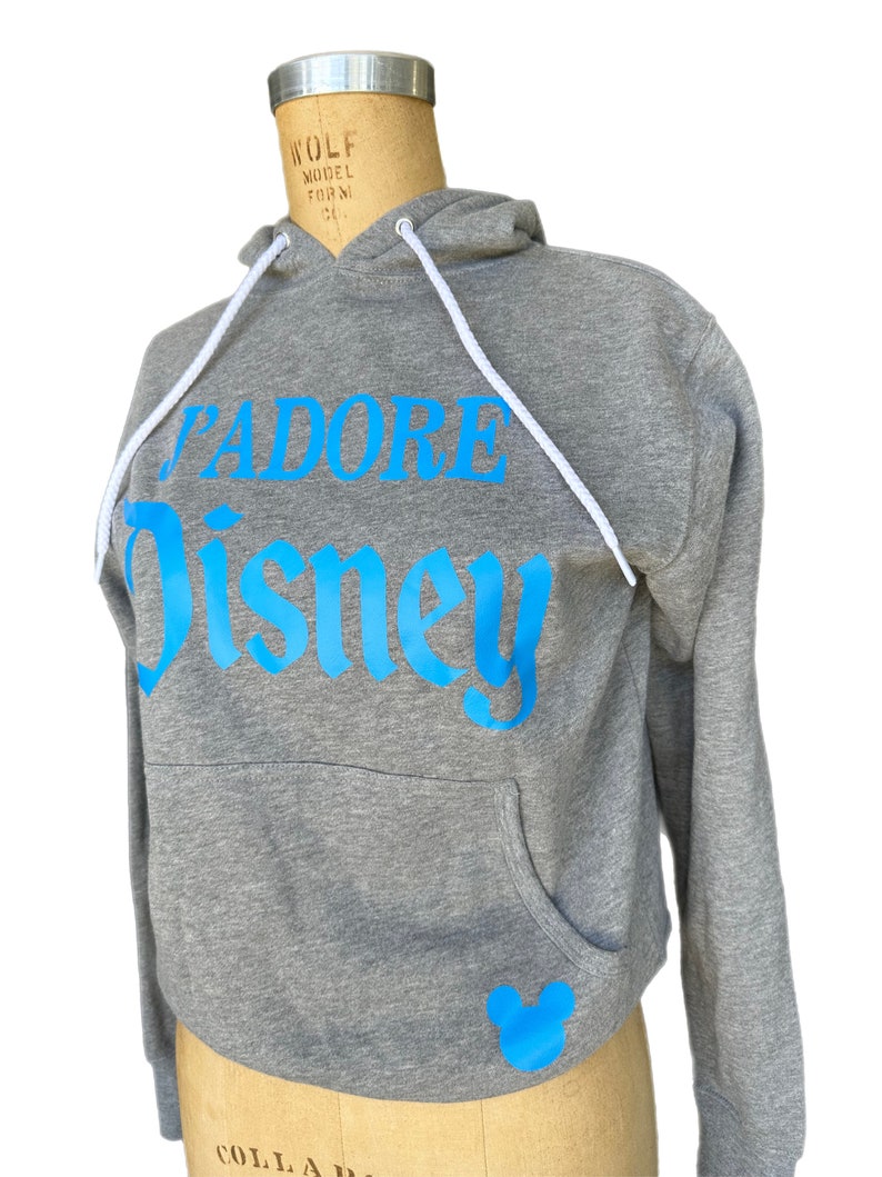 May include: A gray hooded sweatshirt with a blue "J'adore Disney" graphic and a blue Mickey Mouse silhouette on the pocket.