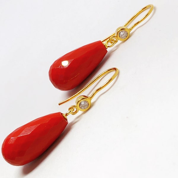 Red Coral Earrings, Fossiled Coral Earrings, Coral Drop earrings, Gold Earrings