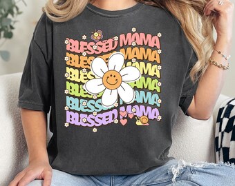 Retro Mom Shirt Comfort Colors, Blessed Mama Retro Daisy Mom Tee, Mom T Shirt, Oversized, Baggy, Mothers Day Gift, Gift for Mom