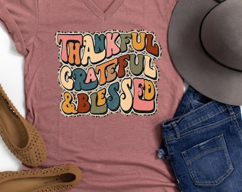 Retro Fall Shirt V Neck, V-Neck Thankful Grateful Blessed Shirt, Thanksgiving Shirt, Fall Lover Tee, Gratitude Shirt, Positivity T-Shirt