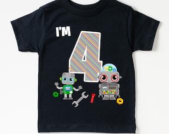 4th Birthday Shirt, Turning 4, I'm 4 Robot Birthday T Shirt, Birthday Boy Tshirt, Birthday Party Tee, Kids Birthday tshirt, Fourth Birthday