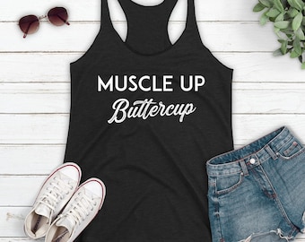 Yoga Clothes, Muscle Up Buttercup Women's Racerback Tank Top, Workout Shirt, Crossfit, Workout Tank, Yoga Tank, Yoga Tank Top