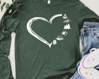 Camping Shirt Long Sleeve, Camping Heart Shirt, Camping Lover T Shirt, Adventure Tee, Camper Shirt, Happy Camper Long Sleeve T Shirt