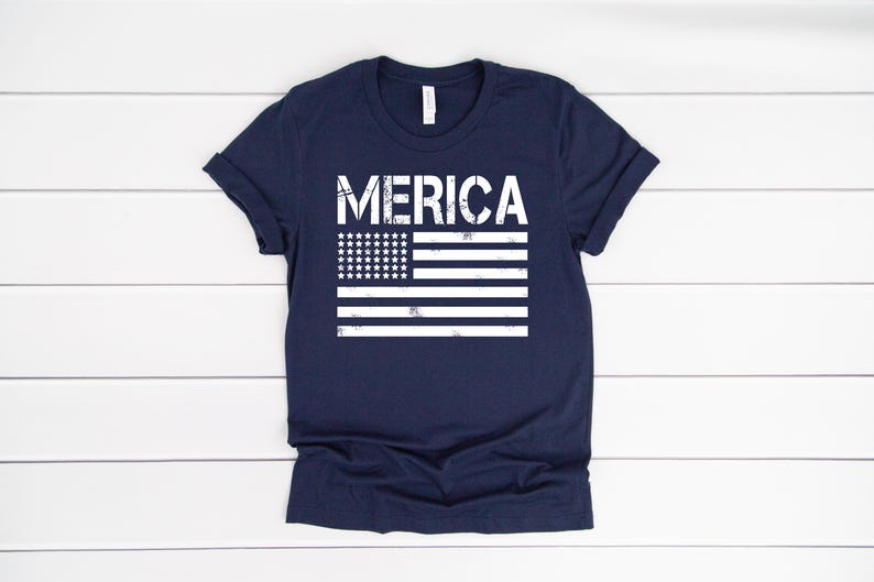 a t - shirt with the word merica printed on it