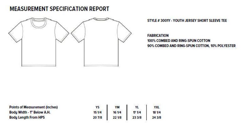 May include: Line drawing of a short-sleeved t-shirt with measurements for different sizes. The measurements are in inches. The fabric is 100% combed and ring-spun cotton or 90% combed and ring-spun cotton, 10% polyester.