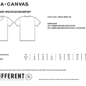 May include: A size chart for a unisex jersey tee shirt. The chart shows the measurements in inches for chest and body length from the high point of shoulder for sizes XS, S, M, L, XL, 2XL, 3XL, 4XL, and 5XL. The fabric is 100% combed and ring-spun cotton or 99% combed and ring-spun cotton, 1% polyester.