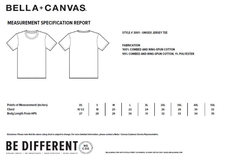 May include: A size chart for a unisex jersey tee shirt. The chart shows the measurements in inches for chest and body length from the high point of shoulder for sizes XS, S, M, L, XL, 2XL, 3XL, 4XL, and 5XL. The fabric is 100% combed and ring-spun cotton or 99% combed and ring-spun cotton, 1% polyester.