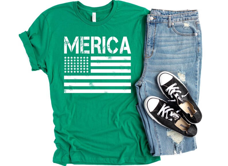 a pair of shoes and a green shirt with the american flag