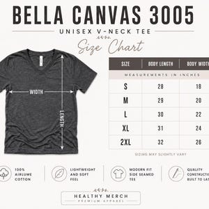 May include: A dark grey heather V-neck t-shirt with a size chart displaying body length and width measurements in inches for sizes S through 2XL. The chart includes labels for 100% Airlume cotton, lightweight feel, side seamed construction, and quality.