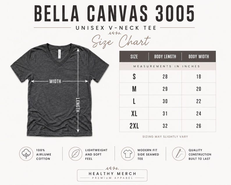 May include: A dark grey heather V-neck t-shirt with a size chart displaying body length and width measurements in inches for sizes S through 2XL. The chart includes labels for 100% Airlume cotton, lightweight feel, side seamed construction, and quality.