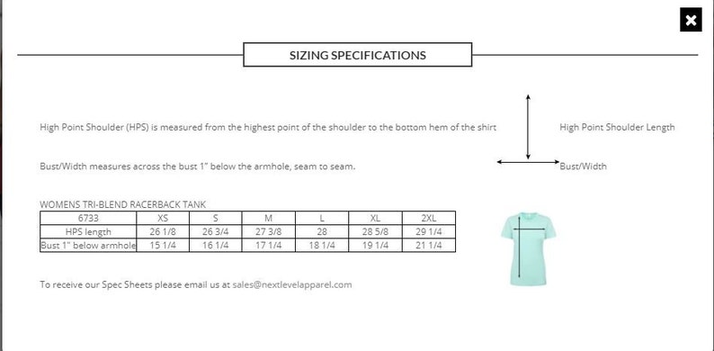 May include: Sizing chart for a women's racerback tank top. The chart shows the measurements for the high point shoulder and bust width in inches for sizes XS, S, M, L, XL, and 2XL. The chart also includes the style number 6733.