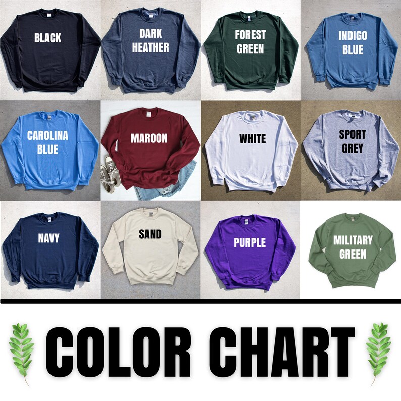 a collage of sweatshirts with the words color chart