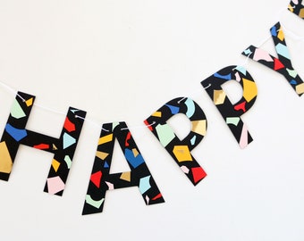 Terrazzo Party Decor, Happy Birthday, Handmade Rainbow Chips Scrap Paper Banner, Modern Artsy Birthday Decor, Blue, Red, Mint, Gold