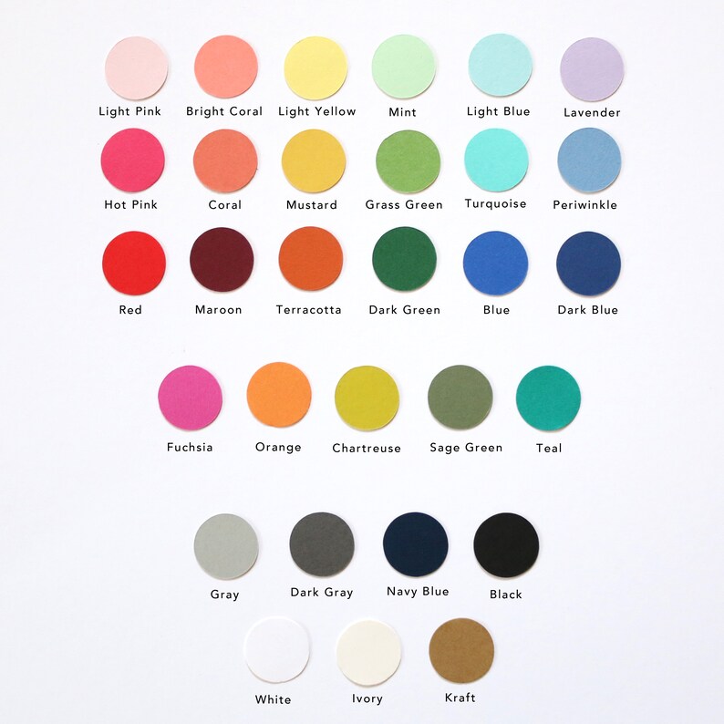 May include: A collection of colorful paper circles arranged in rows. Each circle displays a different color, with labels such as "Light Pink," "Bright Coral," "Light Yellow," and "Mint." The color palette includes shades of pink, orange, yellow, green, blue, and neutral tones.