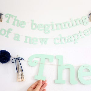 Storybook Baby Shower Decorations 'The beginning of a new chapter' Banner for Book Themed Baby Shower, Once Upon A Time Mint Green Navy image 1