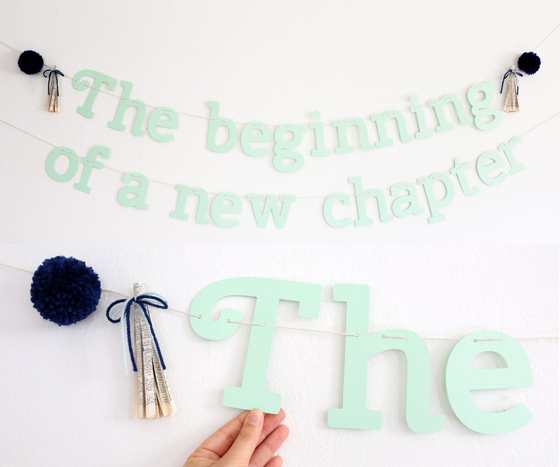 Storybook Baby Shower Decorations 'The beginning of a new chapter' Banner for Book Themed Baby Shower, Once Upon A Time Mint Green Navy image 1