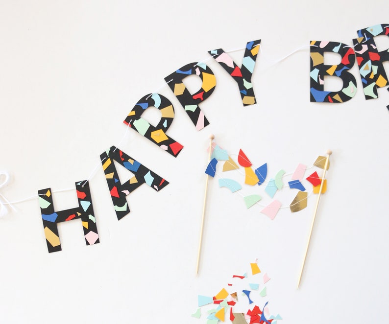 Terrazzo Party Decor, Multicolor Rainbow Chips Geometric Paper Confetti Garland, Modern Party Decor, Handmade Shapes Banner Birthday Wedding image 9