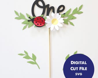 Adorno para tarta de primer cumpleaños de mariquita, decoración para fiesta de margaritas (archivo SVG)