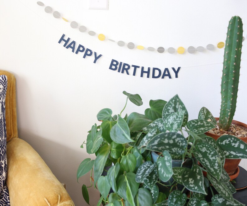 May include: A white wall with a navy blue "HAPPY BIRTHDAY" banner and a garland of gold and silver circles. Potted plants, including a cactus and leafy green plants, are in the foreground. A yellow chair is on the left.