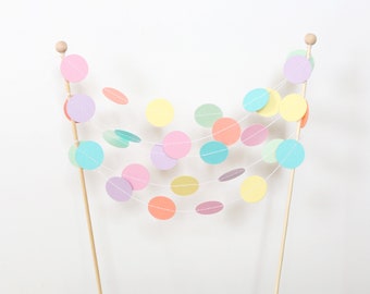 Pastel Rainbow Birthday Cake Banner, Colorful Confetti Garland Cake Topper, Mini Paper Circle Dot Bunting Flag Decoration