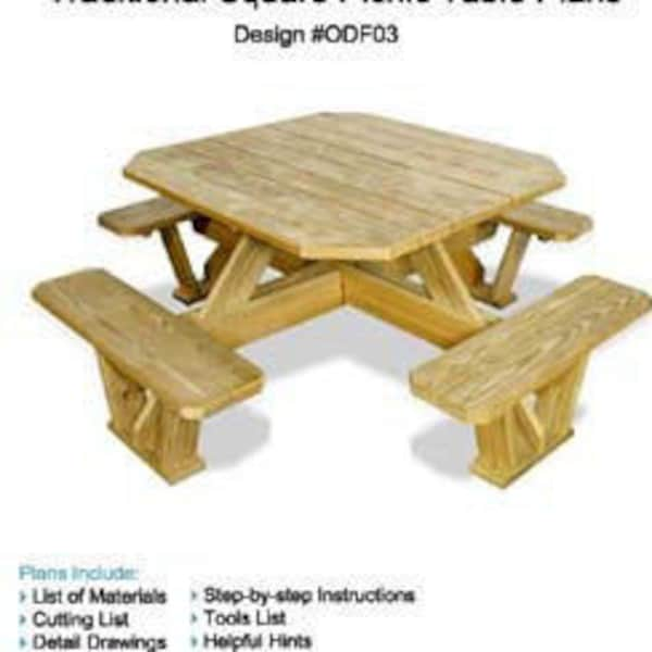 Traditional Garden Square Picnic Table / Benches Backyard Furniture Woodworking Plans, Step-By Step Instructions Included, Design # ODF03