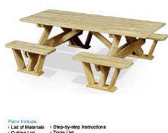 Traditional Rectangle Picnic Table / Bench Out Door Furniture Plans, Material List and Step-By Step Instructions Included, Design # ODF02